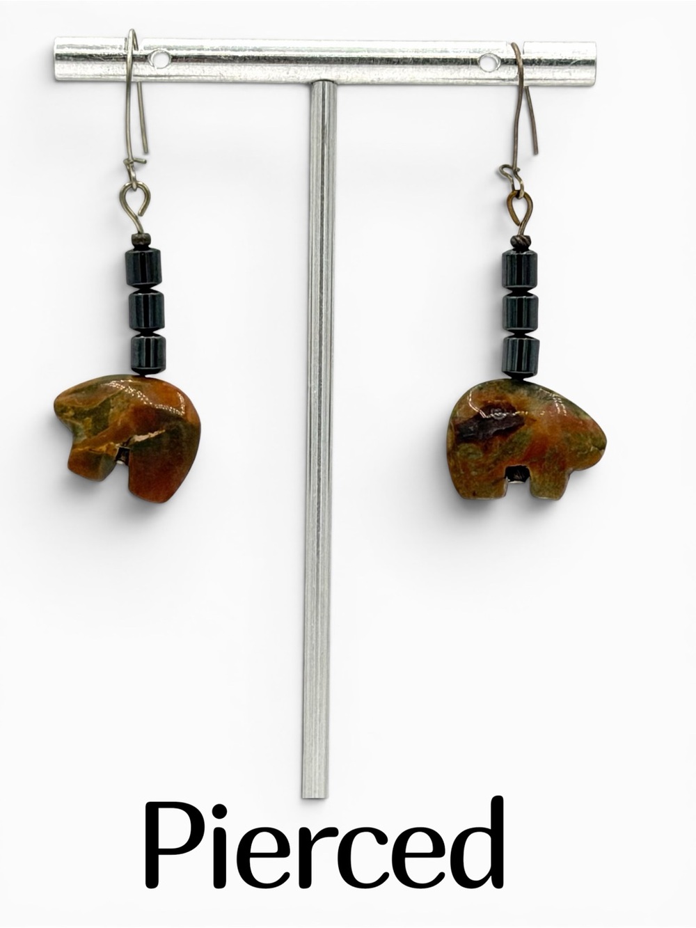 Stone Bear Earrings Hematite & Green Jasper Stone Agate Pierced Earrings Jewelry